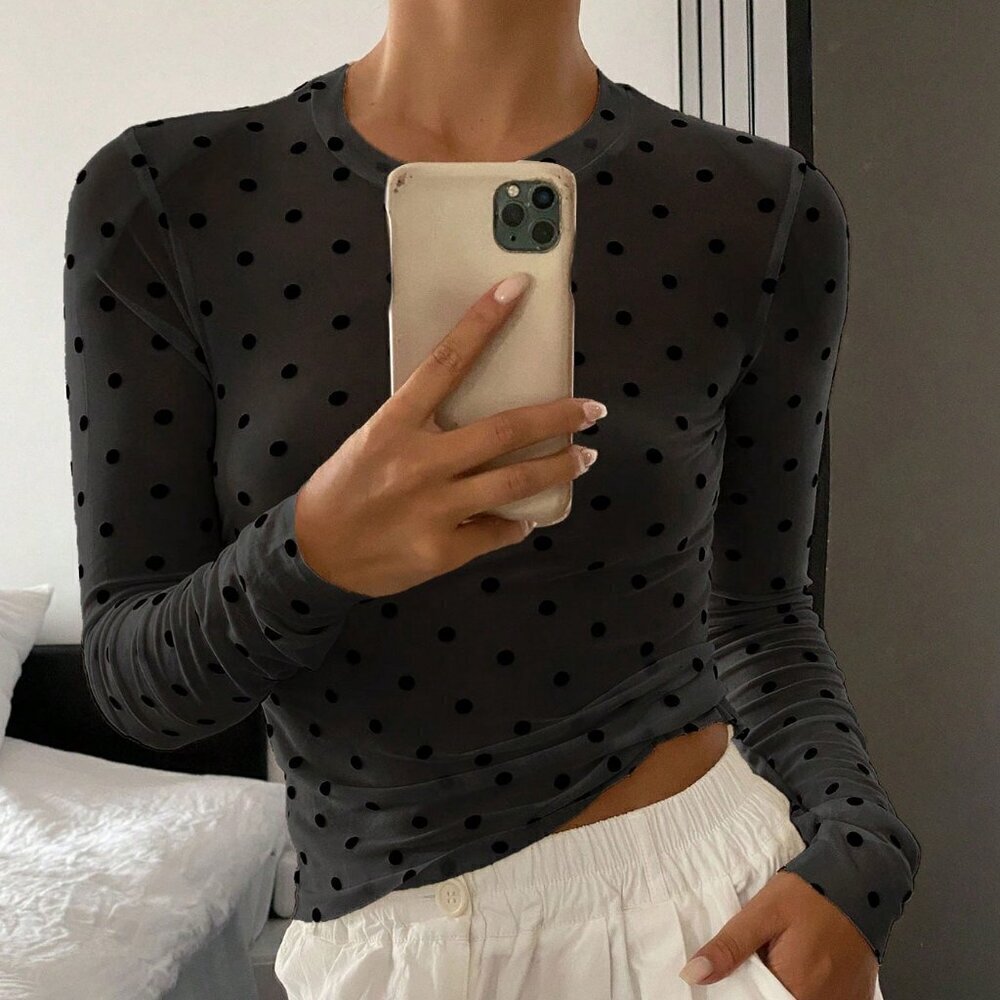 Black Casual Women's Polka Dot Fitted Crew Neck Long Sleeve Sheer Blouse